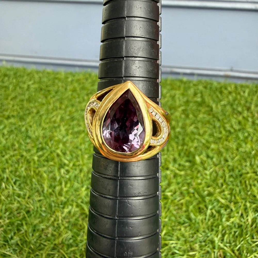 Vintage 10K Yellow Gold Pear Cut‎ Purple Amethyst Statement Cocktail Ring Size 8